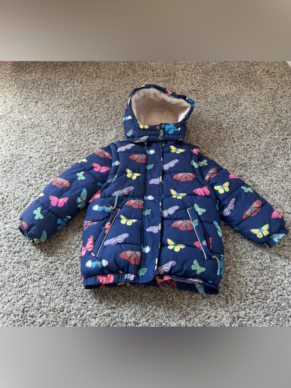 Mini Boden Navy Puffer Jacket with Multicolor Butterfly Print